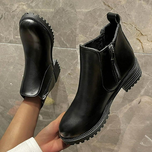 Babysbule Bottes pour Femmes Hiver Bout Rond Fermeture Éclair Chaussures Décontractées Confortables Talon Moyen Court