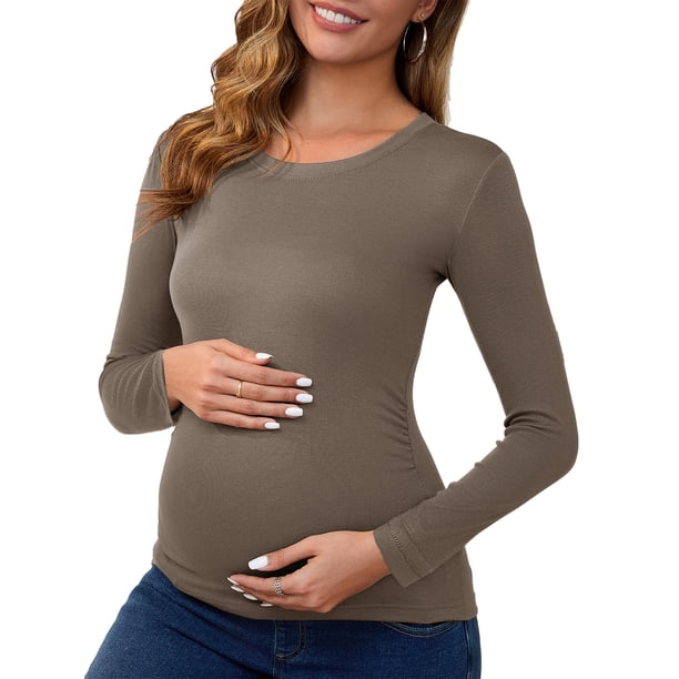 INSPIRE CHIC Camisetas de Maternidad con Fruncidos de Mujer, Camisas de Manga Larga, Blusas Casuales, Camiseta Básica Ropa 2025 Grande Camel