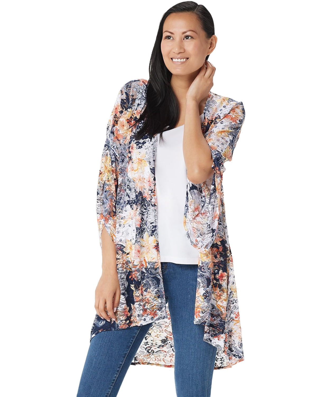 Susan Graver - Susan Graver Ladies Stretch Lace Drape Front Cardigan Large Navy/Coral A351009 