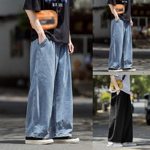 Blekii Men's Elastic Waist Jeans, Plus Size Stretch Denim Pants, Loose Wide Leg Trousers for Casual Wear, Comfortable Street Style Jeans, Big & Tall Fashion Bottoms for Daily Use Or