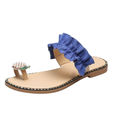 

SEMIMAY Women s Ladies Fashion Casual Ring Toe Pineapple Flat Slippers Slides Shoes Blue