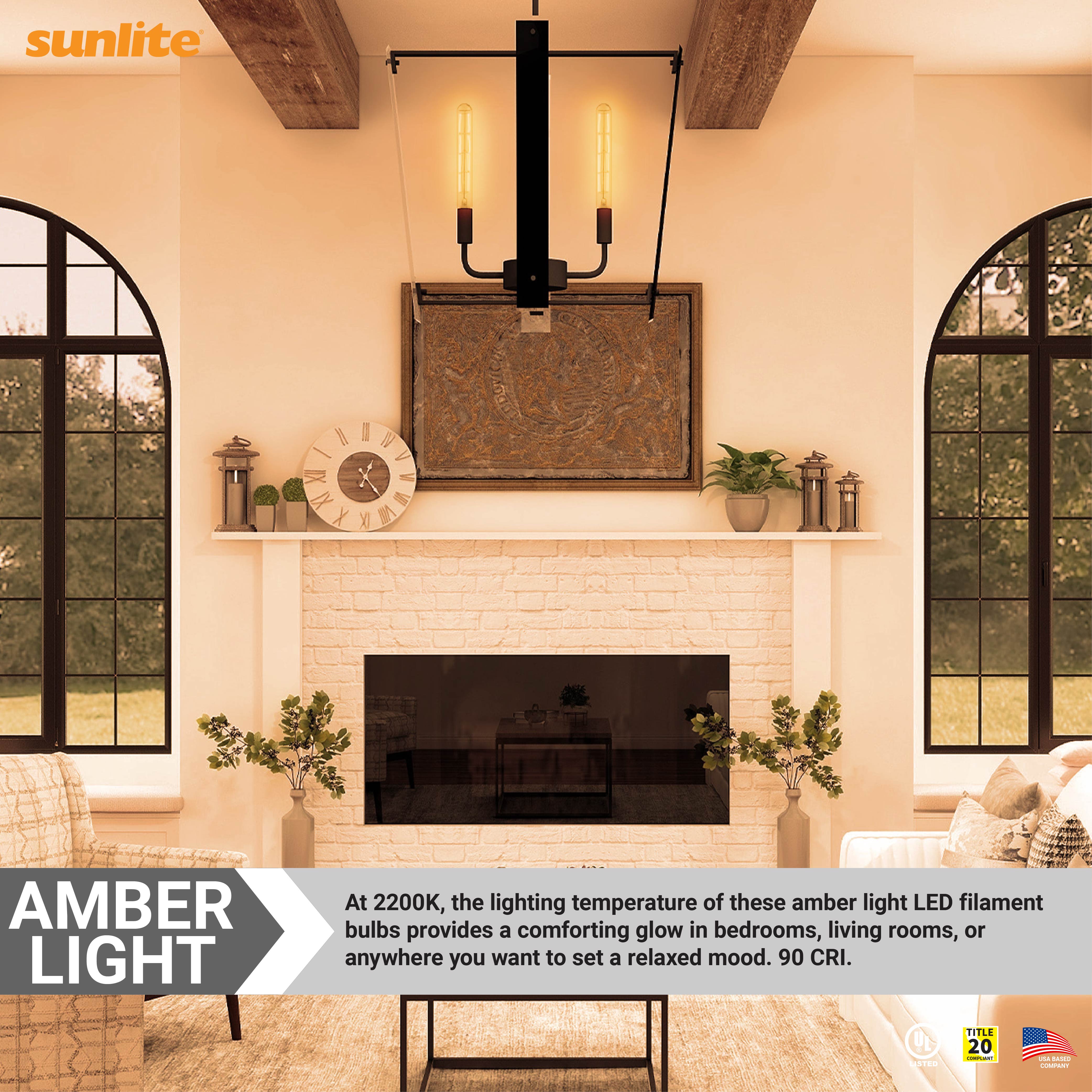 Sunlite 41911 LED Filament T10 Tubular Light Bulb, 6 Watts (60W Equivalent), 570 Lumens, Medium E26 Base, 120 Volts, Dimmable, 90 CRI, UL Listed, Title-20 Compliant, 2200K Amber, 5 Pack