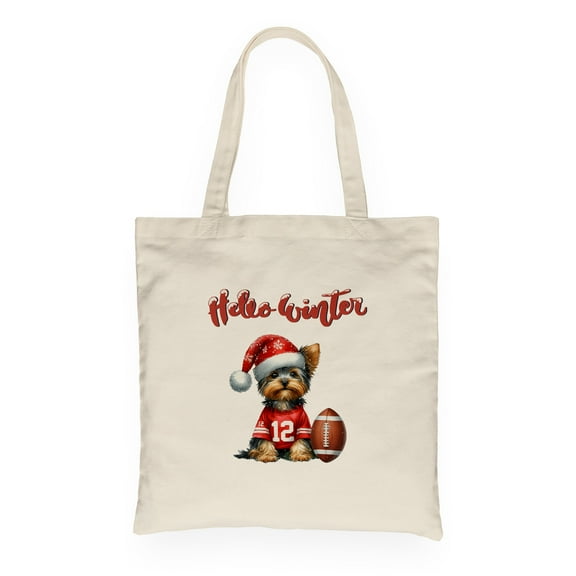 Hello Winter Yorkshire Terrier Football Snowman Welcome Snowy Morning Canvas Tote Bag Yorkie Dog Lover Gifts Reusable Shopping Grocery Bag - 01012