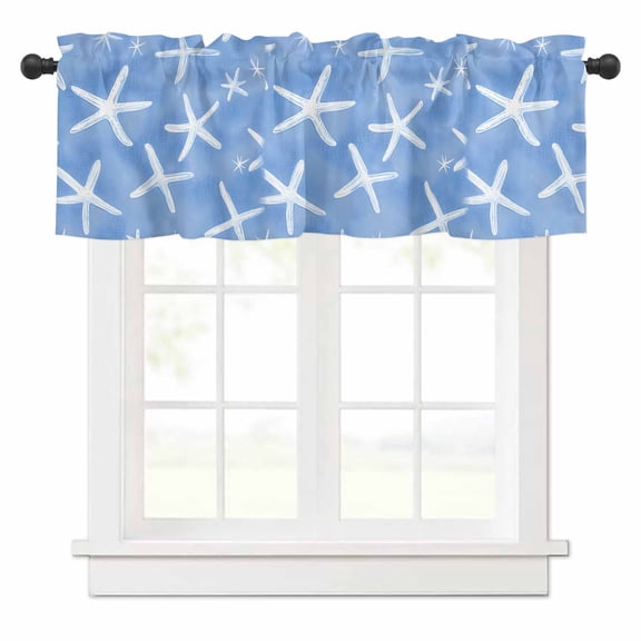 Summer Blue Valances for Windows White Starfish Ocean Marine Life Coastal Rod Pocket Curtain Valance Window Treatment Short Curtains for Kitchen Living Room, 54"x18"