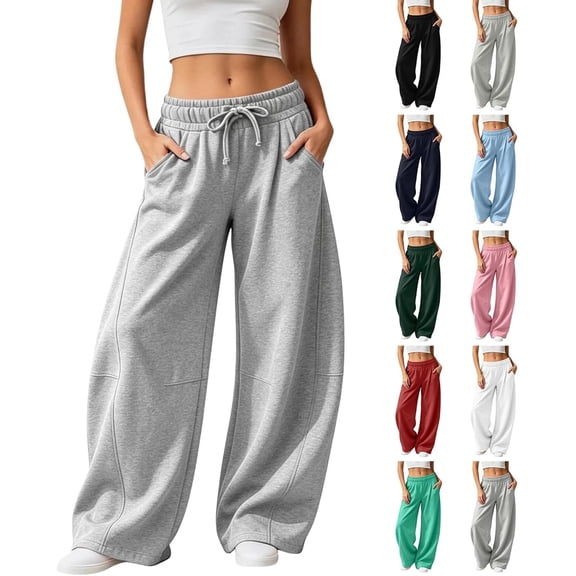 Womens Barrel Sweatpants, Baggy Wide Leg Lounge Pants Drawstring Elastic Waist Soft