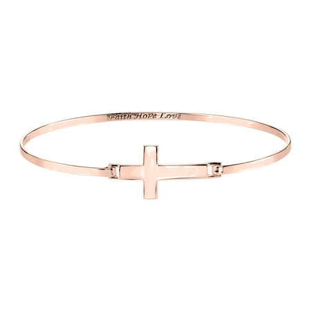 Sterling Silver Rose Gold Flashed Cross Catch with Faith Hope Love Bangle Bracelet, 2.5