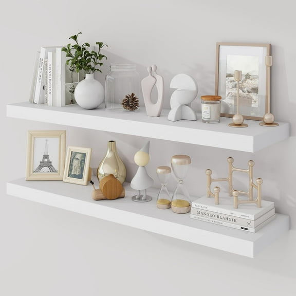 36 Inch Floating Shelves, 9.3" Deep Floating Shelf Wall Mounted, 36" Wall Shelves, Rustic Deep Bookshelf, Large Display Shelves & Storage Shelves for Bedroom, Living Room, White, Set of 2