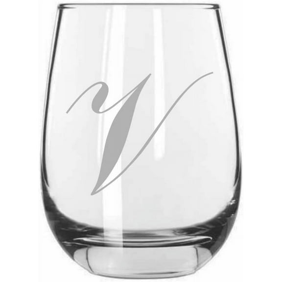 V Commercial Script Monogram Etched 15.25oz Libbey Stemless Wine Glass