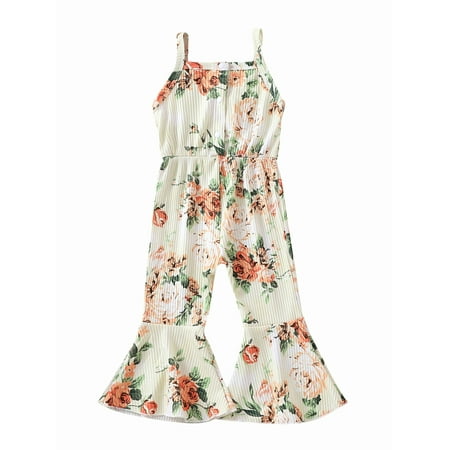 

Suanret Little Girls Sleeveless Jumpsuit Thin Shoulder Strap Floral Printed Front Buttons Flared Long Bodysuit Multi-Color 1-2 Years