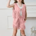 thumbnail image 4 of ZACPNCV Girls 2 Piece Outfits Fall Fringe Suede Vest and Shorts Set Tassel Sleeveless Jackets with High Waist Shorts Pink 5-6 Years, 4 of 9