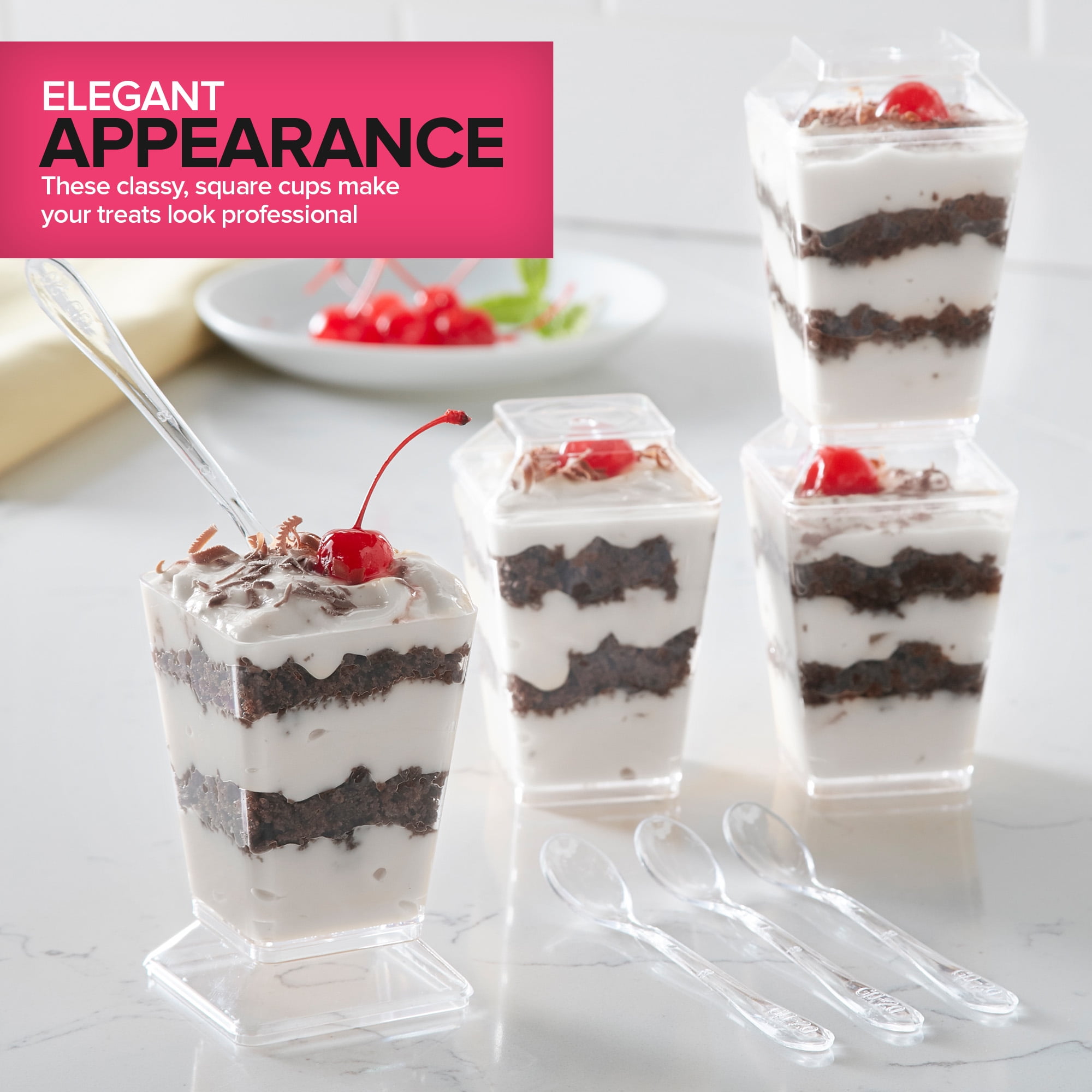 100 Pack 5 oz Elegant Mini Clear Plastic Dessert Cups with Lids and Spoons Square Parfait Cup w/Lid for Small Individual Desserts, Pudding Shooters, Appetizers, Trifle Shooter