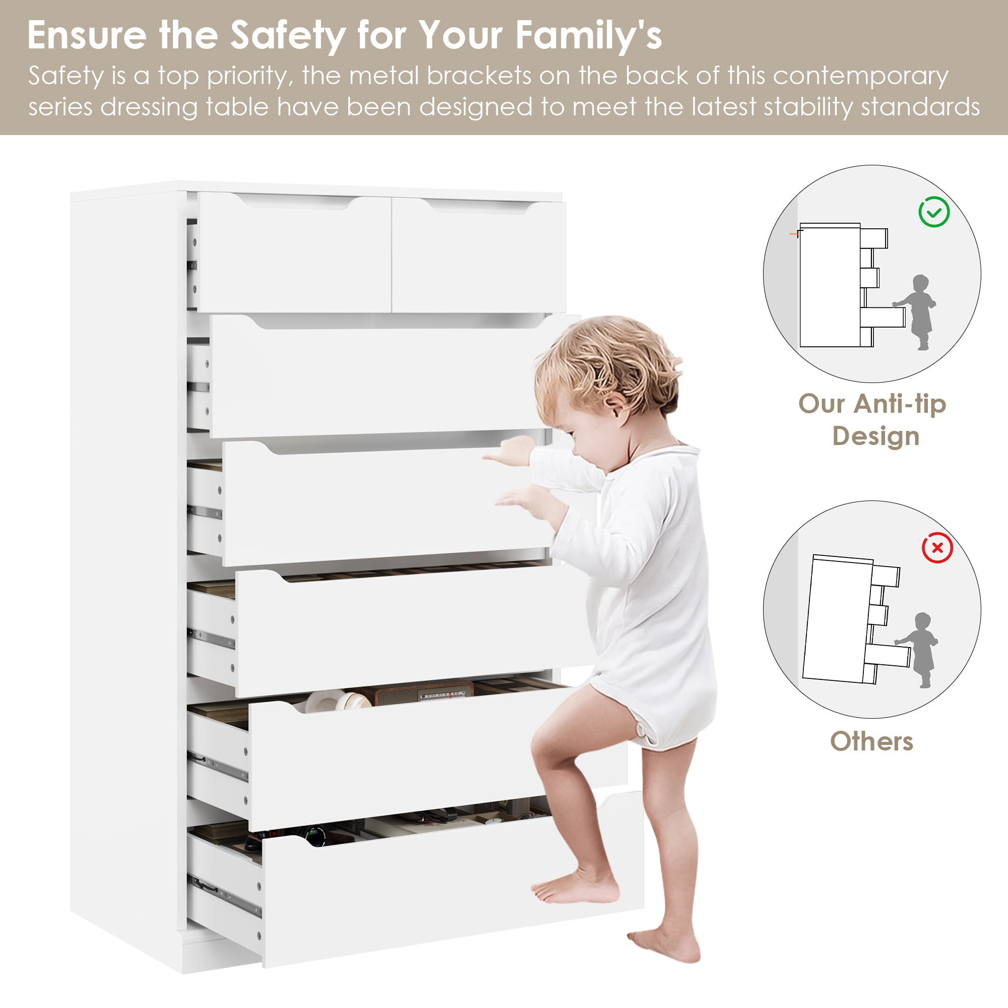 Homfa 7 Drawer White Dresser, 51.3"H Wood Storage Cabinet with Upgraded Stable Base, Vertical Chest for Bedroom Living Room