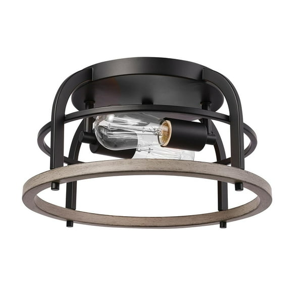 Shilah 2-Light Flush Mount Ceiling Light, Matte Black, Faux Wood Accents