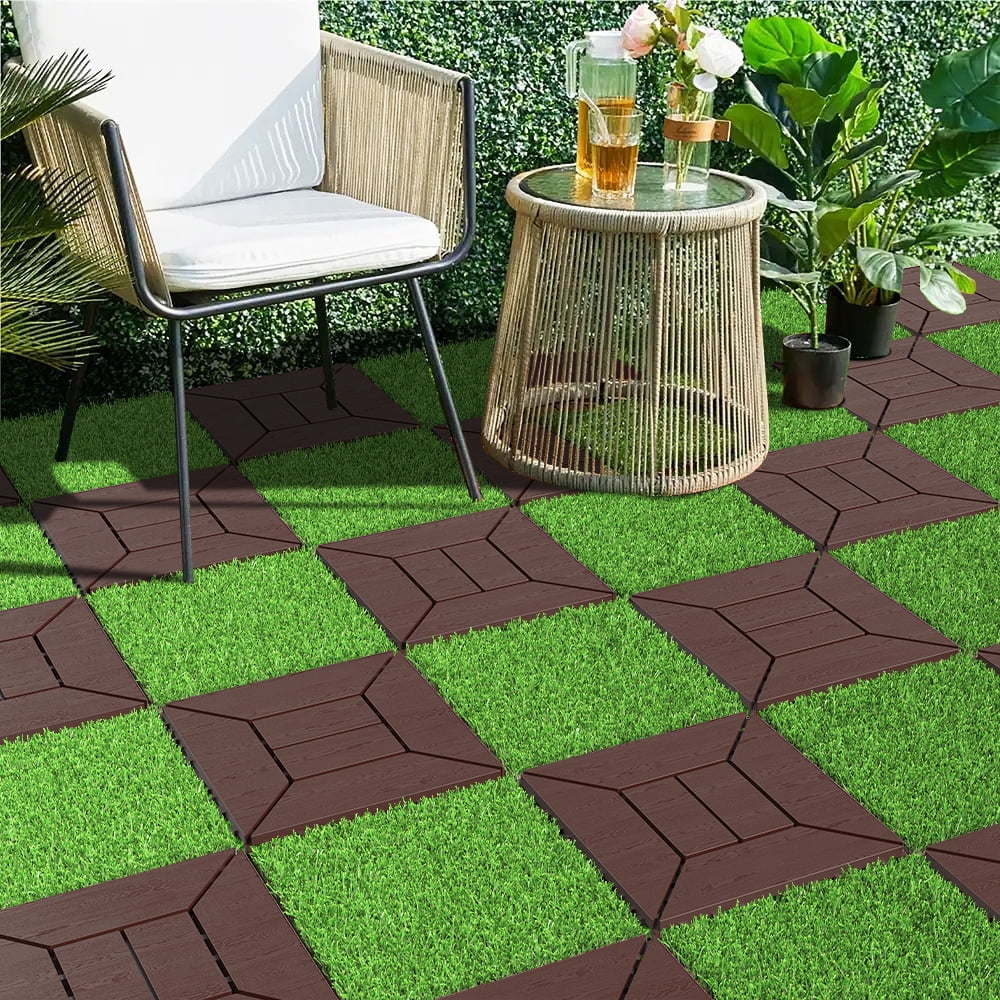 12 Inch Balcony Deck Tiles 44 Pieces Brown DIY Interlocking Floor Tiles PP Indoor Outdoor Patio Tiles for Poolside Balcony Backyard Easy Quick Installation