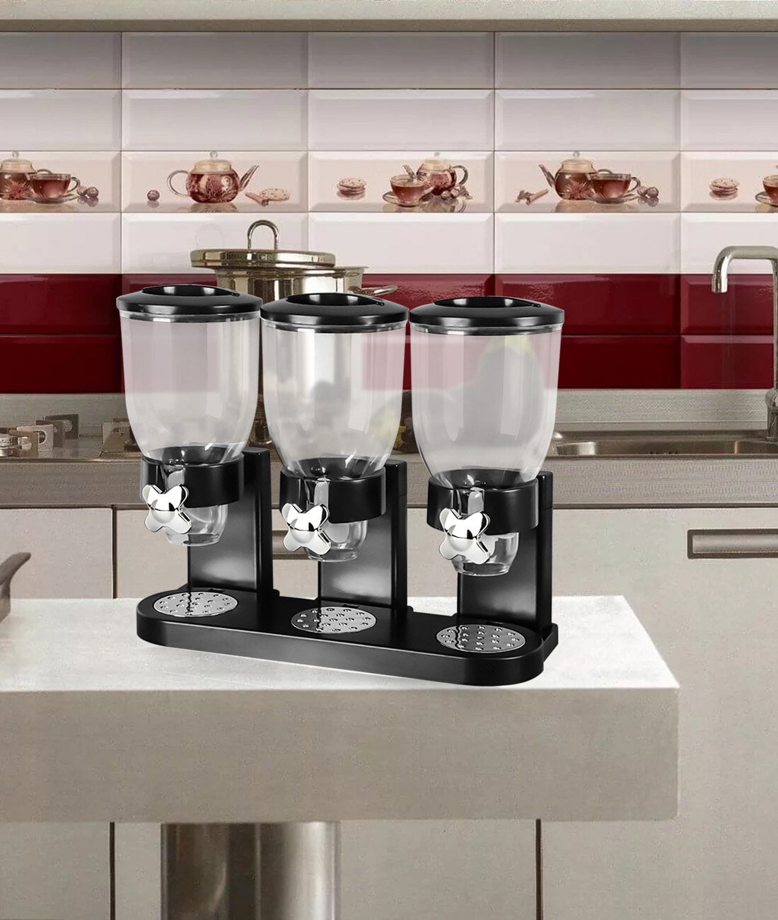 Triple Food Dispenser 2L Dry Food Dispenser Grain Dispenser Cereal Dispenser for Kitchen (Black)