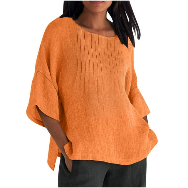 Swstbby Liquidation d'Été! Hauts d'Été pour Femmes Grande Taille, Mode d'Été pour Femmes Chemise Plissée Manches 3/4 Col Rond Imitation Coton et Lin Chemise Ample Blouse Orange P