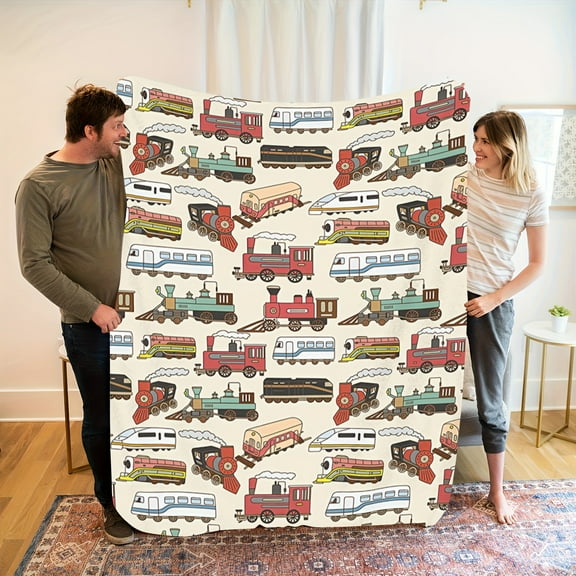 This Blanket Showcases a Vintage Steam Train And Modern Diesel Engine in a Playful And Colorful Design. It Combines The Best Elements of Both Worlds