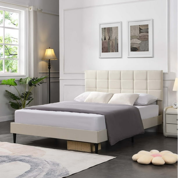 uhomepro Beige Upholstered Platform Bed, Full Size Bed Frame with Solid