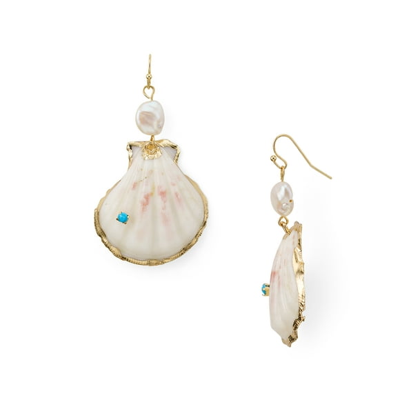 Aqua Half Shell & Cultured Freshwater Pearl Drop Earrings