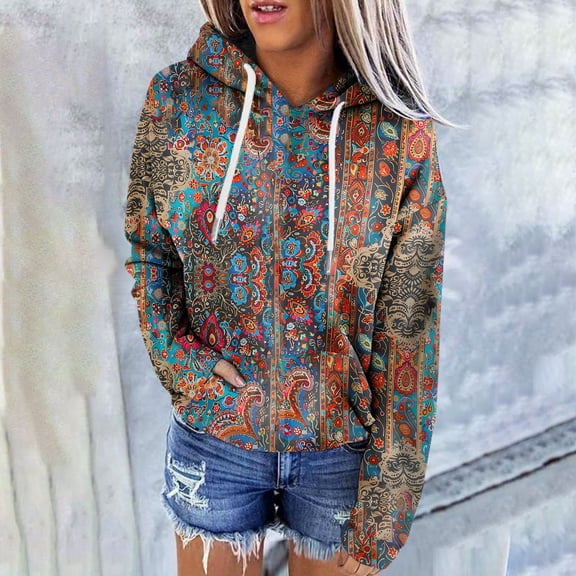 Pounoo Retro Floral Print Striped Hoodies for Women Trendy Camo Colorblock Long Sleeve Shirts Oversized Drawstring Hooded Sweatshirts with Pockets Gift