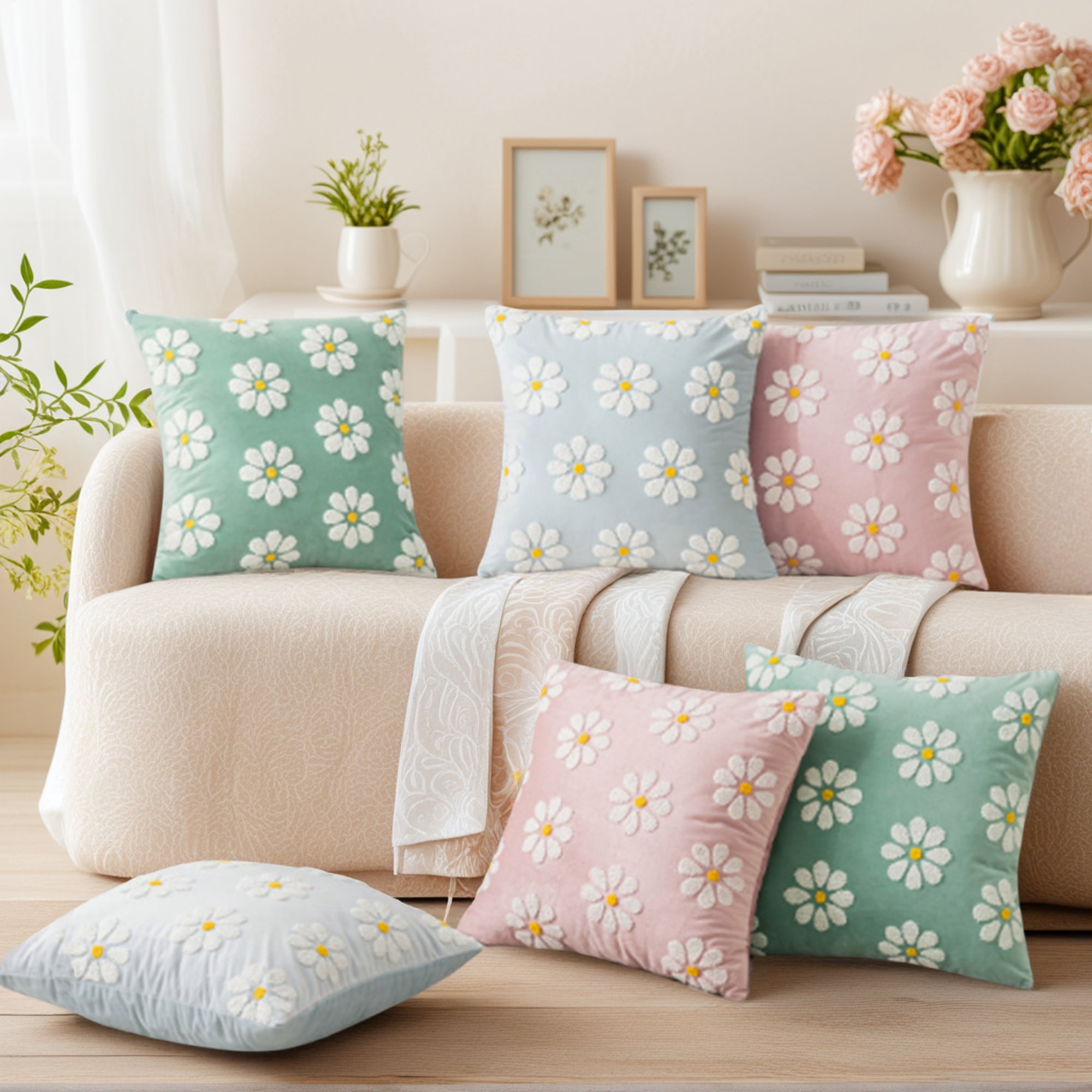 Unique Bargains Velvet Daisy Embroidery Pillow Covers Set of 2 Green 18" x 18"