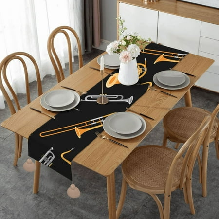

Saxophone Trombone Music Black Table Runner Imitation Linen Table Runner With Khaki Tassels For Party And Dining Room 14 x 60