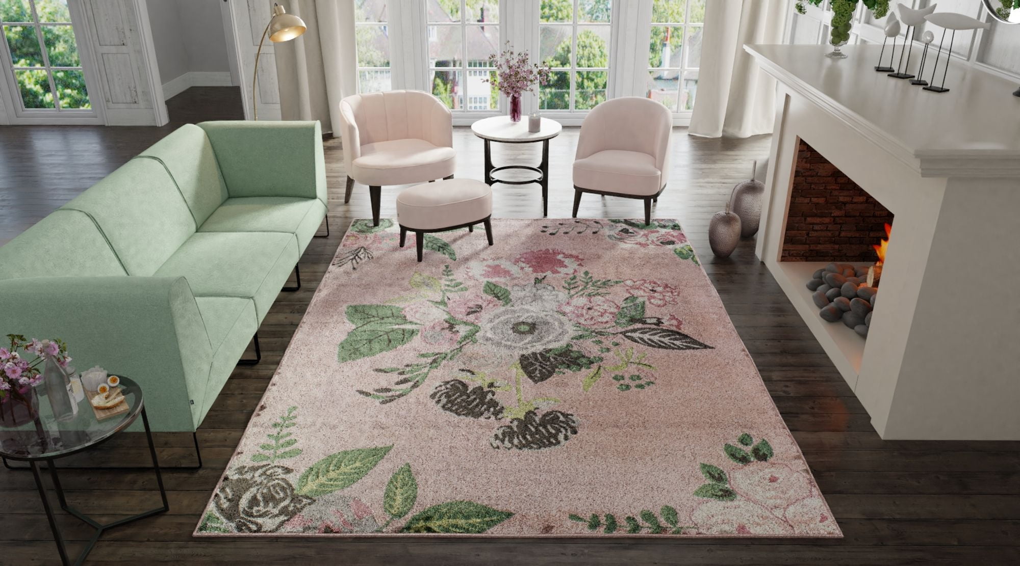 Rugs America Hanna VA40D Rose Garden Pink Floral Transitional Pink Area Rug, 5'x7'