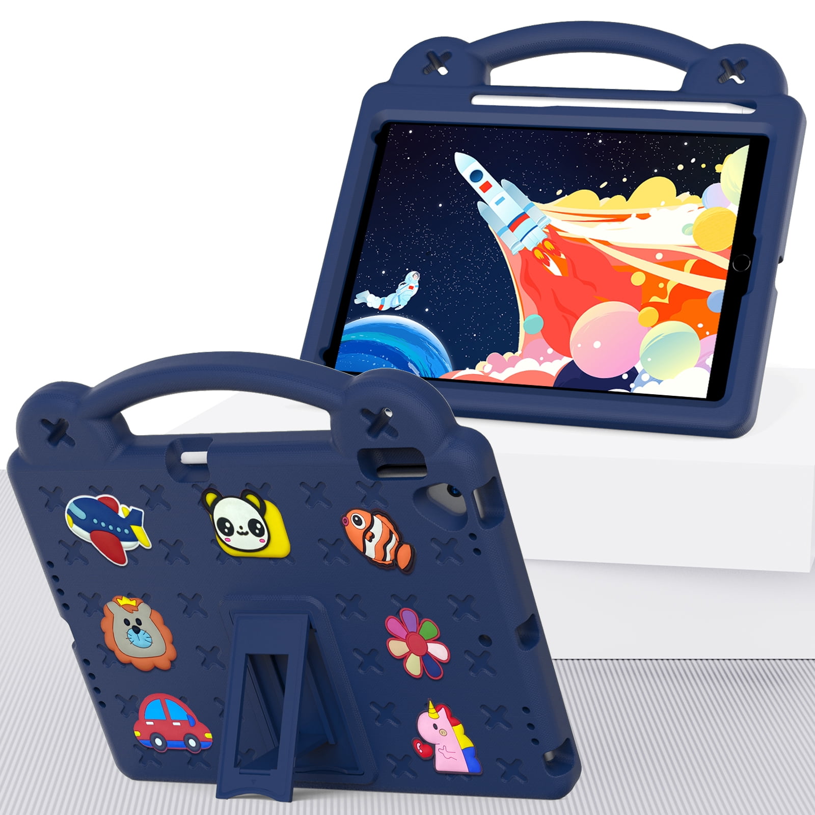 ELEHOLD Kids Case for iPad 9th/8th/7th Gen (2021/2020/2019)10.2 inch, EVA Foam Cute Cartoon Case with Built-in Kickstand Pencil Holder Shockproof Portable Case for iPad 10.2",Navyblue