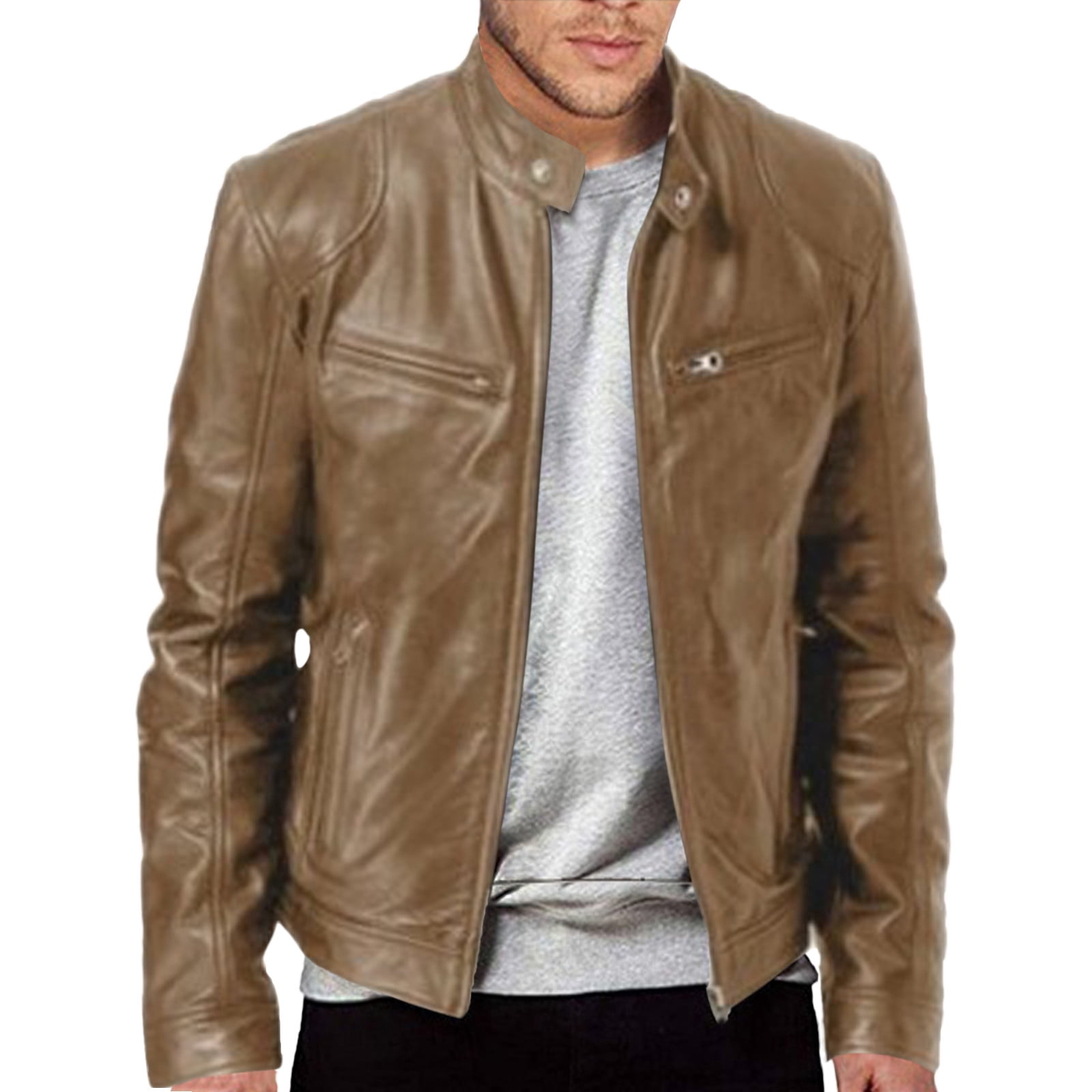 XDZJLR Men Vintage Cool Jacket Leather Long Sleeve Autumn Winter Stand Collar Club Coat