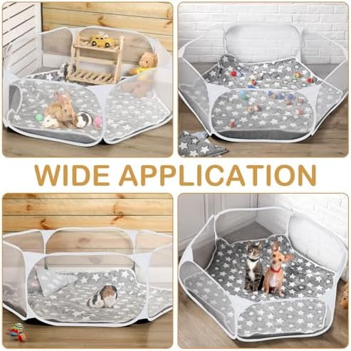 Hamster Playpen with Mat Small Animal Cage Tent Breathable Transparent Guinea Pig Playpen Waterproof Portable Yard Fence Mat Foldable Exercise Playpen Outdoor Indoor (Gray,Star)