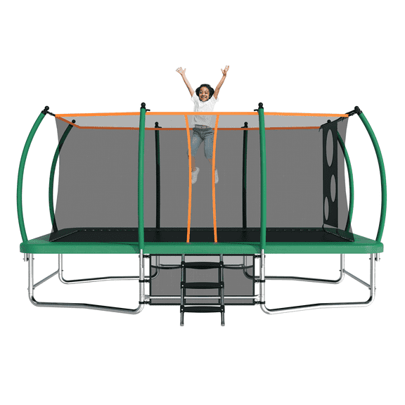 UIOWIO 10 x 16ft Rectangle Trampoline for Kids,Outdoor Rectangular Recreational Trampoline,Backyard Trampoline with Ladder, Storage Bag, Enclosure Net,Soccer Shot Green