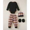 thumbnail image 3 of KIMI BEAR Infant Baby Boys Layette Set Winter Outfits Long Sleeves Romper Set Letter Print Top Plaid Pants with Hats and Gloves 16pcs Clothing Brown 12-18 Months, 3 of 9