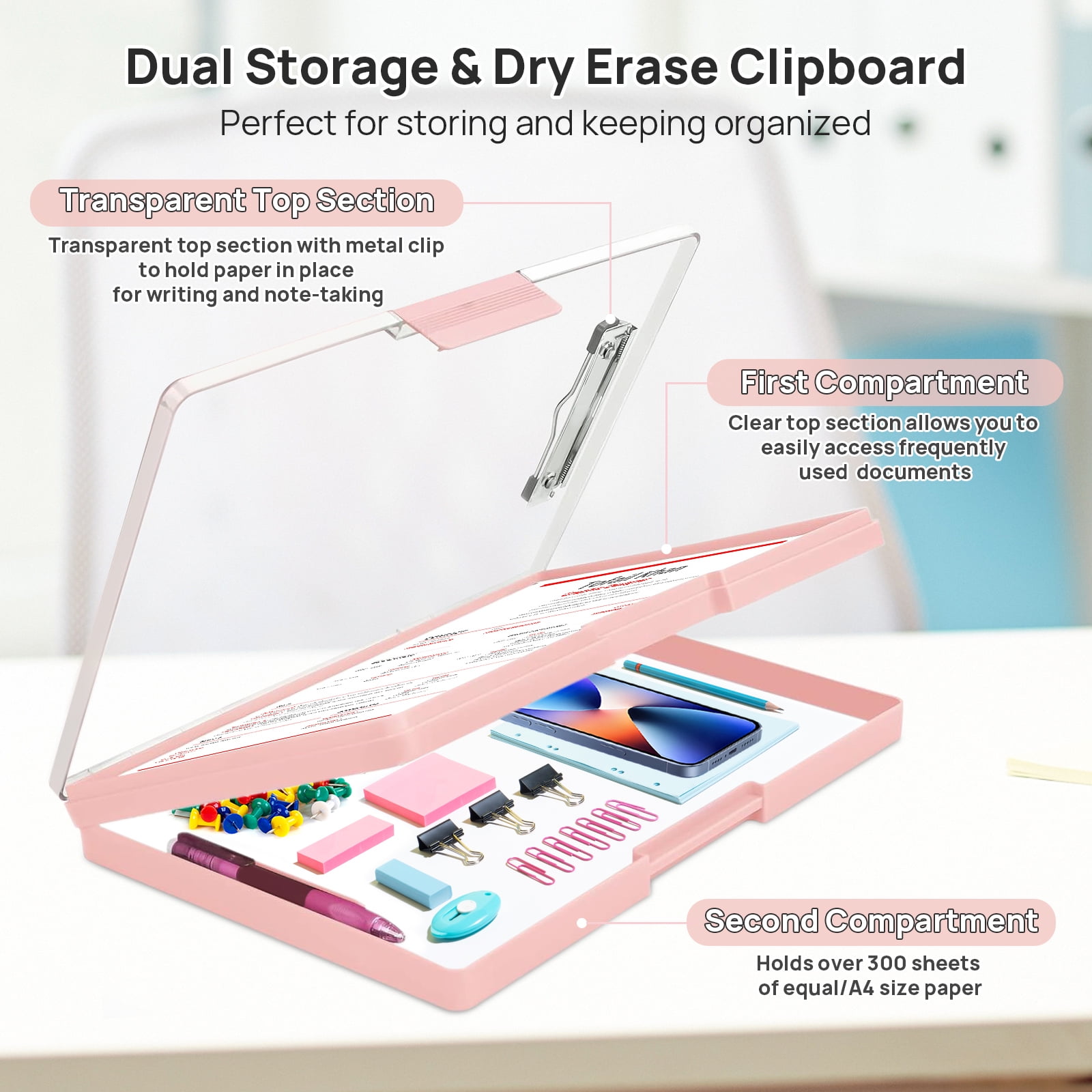 AGCAN Clipboard with Storage Case, Heavy Duty Foldable Clip Boards 8.5x11, Clearview Dry Erase Nursing Clipboard, School Office Supplies, Pink