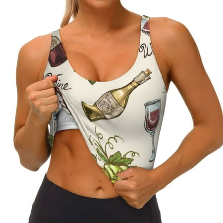 Qokaie Grapes Bbottles Wine Pattern Womens Scoop Neck Sports Bra Breathable Workout Vest Padded U Back Medium Impact Fitness Gym Yoga Bra Workout Crop Top