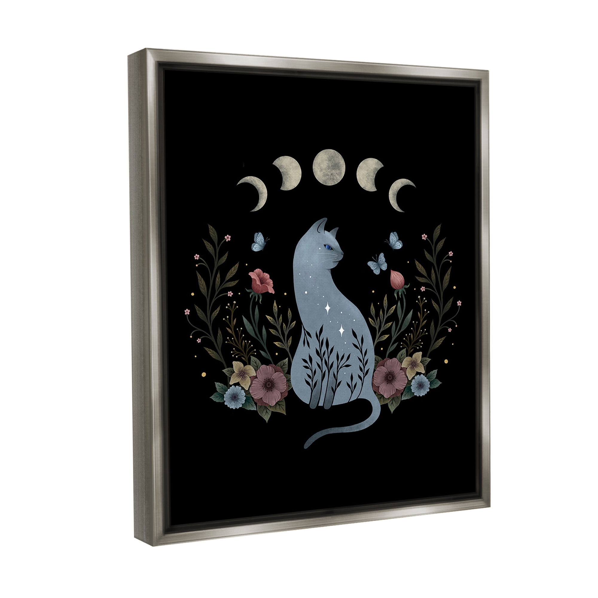 Stupell Industries Cat & Moon Phases Animals & Insects Painting Gray Floater Framed Canvas Art Print Wall Art, 25 x 31