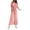 thumbnail image 2 of hotojiny Women Casual off Shoulder Jumpsuits High Waist Short Ruffle Sleeves Rompers with Belt Wide Leg One-Piece Pants Romper, 2 of 7