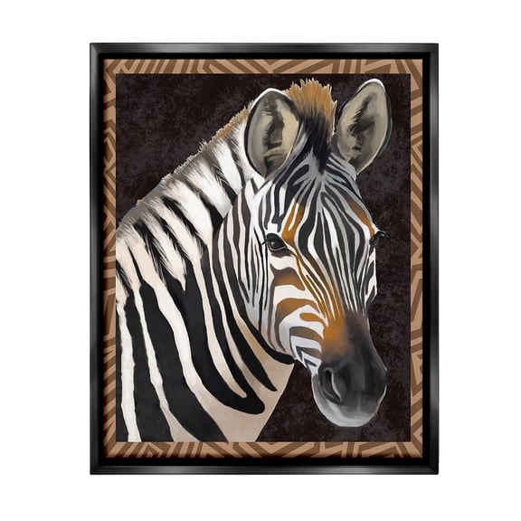 Stupell Industries Zebra with Geometric Border Animals & Insects Painting Black Floater Framed Canvas Art Print Wall Art, 17 x 21