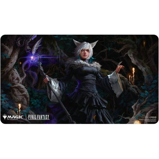 ultra pro - final fantasy x universes beyond y’shtola, night’s blessed (commander) playmat for magic: the gathering | card game playmat, final fantasy collectibles, desk mat mousepad Multicolor 24 in. x 13.5 in. cloth playmat with a centered, front-facing portrait of Y’shtola in dark layered robes with fur collar and white catlike ears holding a glowing purple staff; woven fabric top and non-slip rubber backing specified in product details; shadowy forest cave background with candles and Magic: The Gathering and Final Fantasy logos at lower left. Suitable as an oversized mousepad for desk or tournament play.