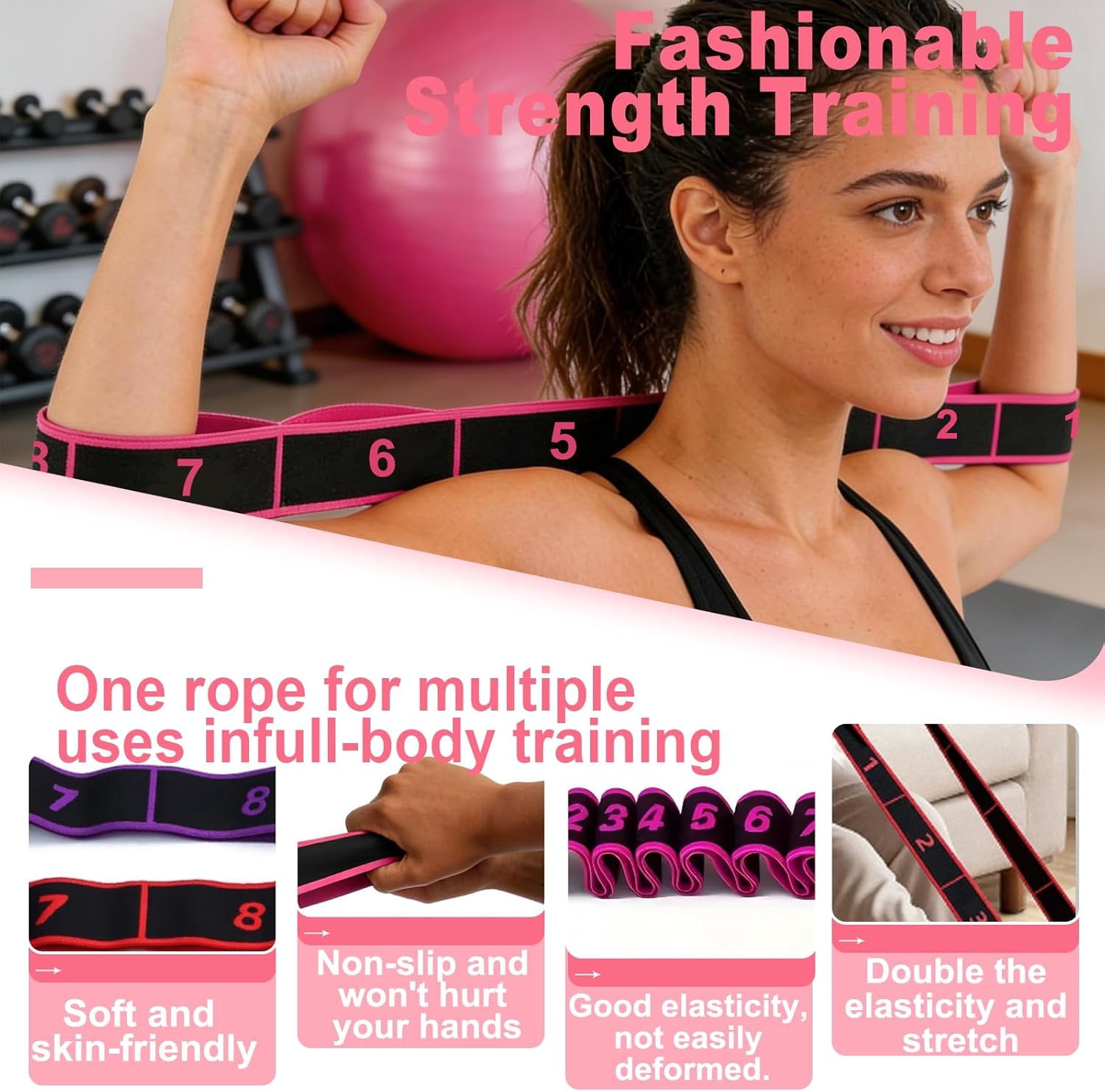 Numbered Resistance Band 5-Pack, Numbered 8-Section Elastic Stretch Bands for Yoga, Pilates, Stretching, Glutes, Full Body Workout