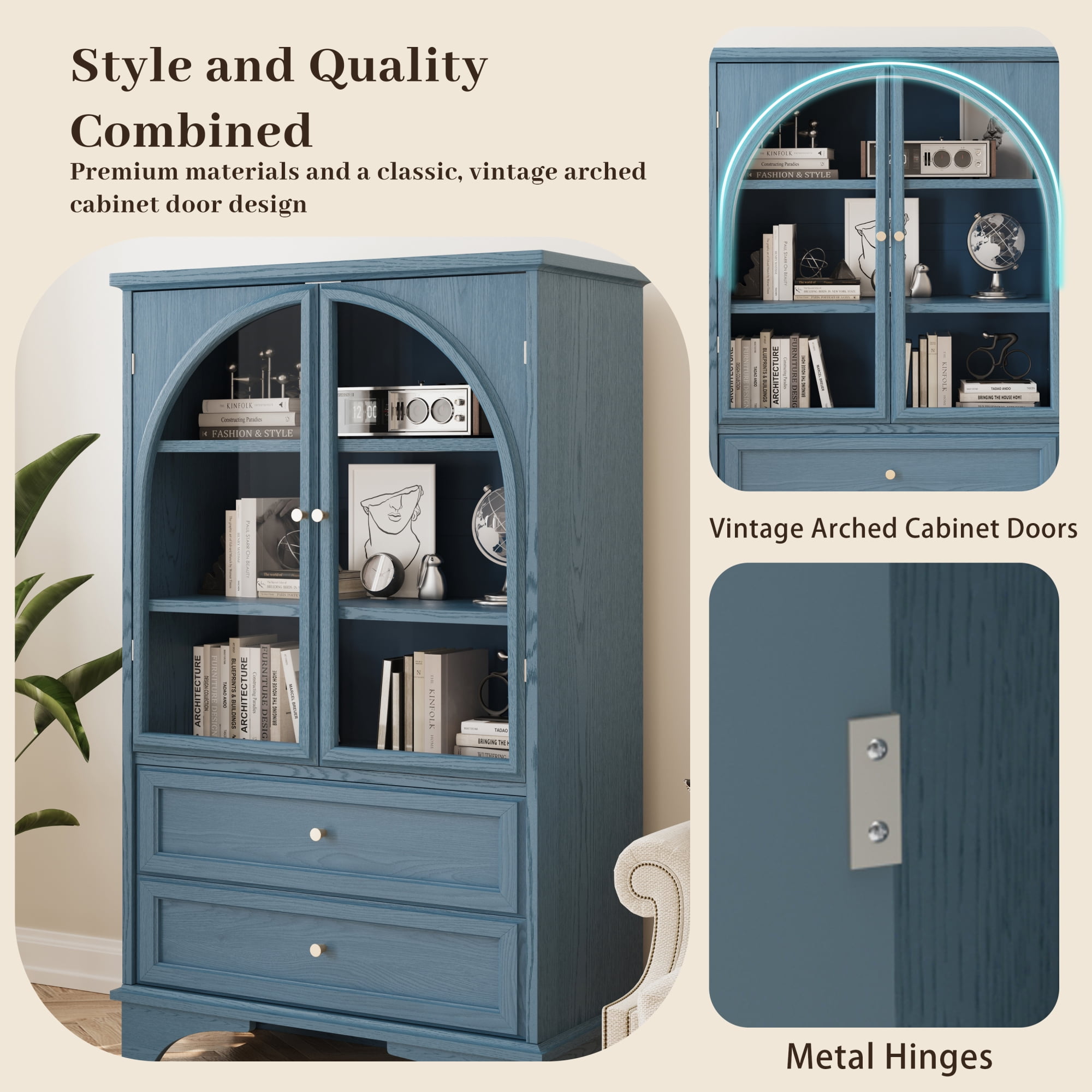 Leumius 52.17"H Glass Door Display Case Storage Cabinet with 2 Drawers and Adjustable Shelf, Spacious Storage Solutions, Curio Cabinet for Living Room, Bedroom, Kitchen and Office Blue