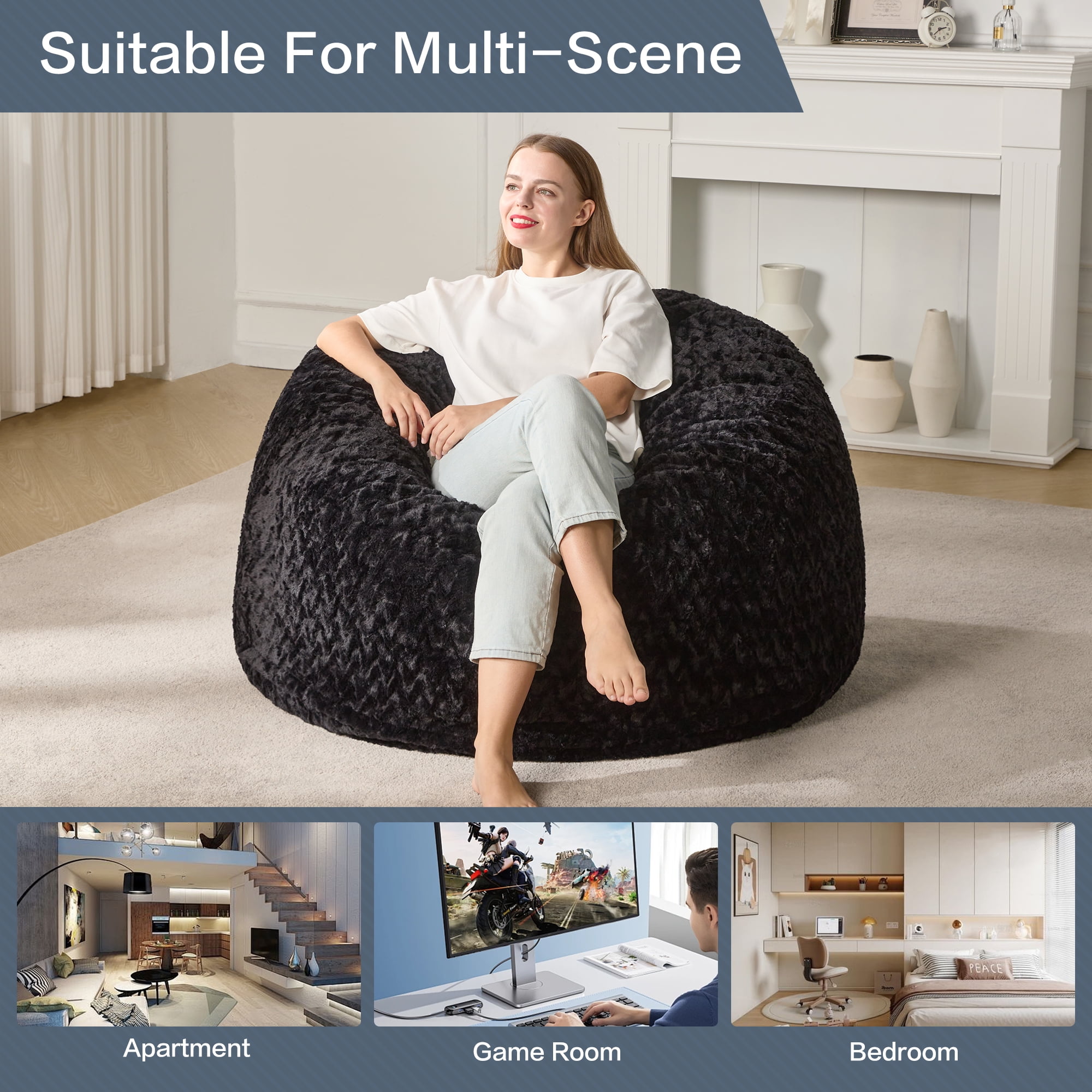 Hobestluk 3ft Bean Bag Chairs for Adults Large Beanbag Chair with Chevron Plush Fur Cover Big Bean Bag Chair for Living Room Bedroom Dorm Office - Black (36” x 36” x 22”)