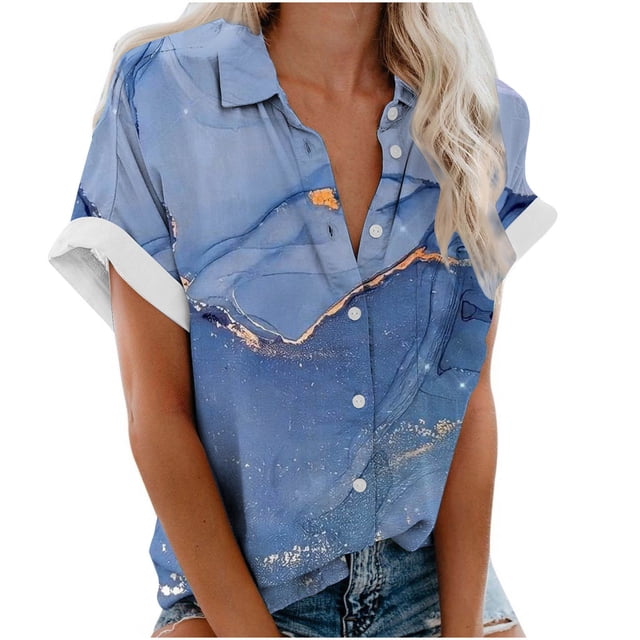 CEHVOM Blouse Décontractée pour Femmes à Col à Revers Manches Courtes Imprimé Chemise Ample Boutons Cardigan Liquidation