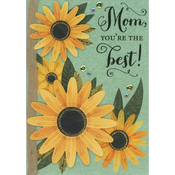 Designer Greetings Mom, You're the Best: 3D Die Cut Sunflowers, Gold Foil, Sequins, Gems and Brown String Hand Decorated Mother's Day Card