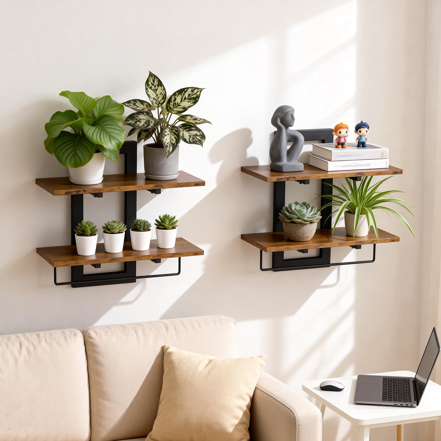 2-Tier Wood Floating Shelves Wall Mounted, Rustic Brown Decorative Storage Shelves for Bathroom Bedroom Living Room Kitchen, 2 Pack