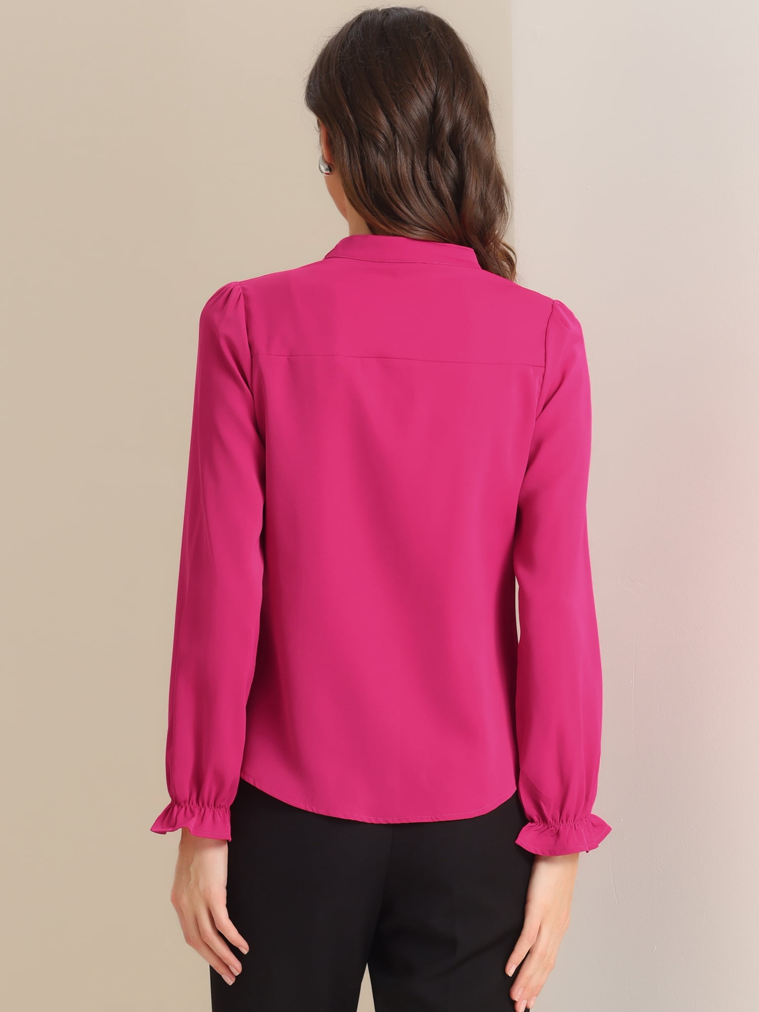 DARING DIVA Chiffon Stand Collar Ruffled Trim Blouses M Hot Pink