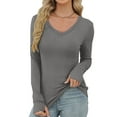 thumbnail image 6 of Oversized Tshirts for Women New Women's V-Neck Long Sleeve Tops with Thumb Holes, Solid Color Slim-Fitted Basic Tee Shirts Casual Trendy Fall Blouse Style B-8 Dark Gray XL, 6 of 9