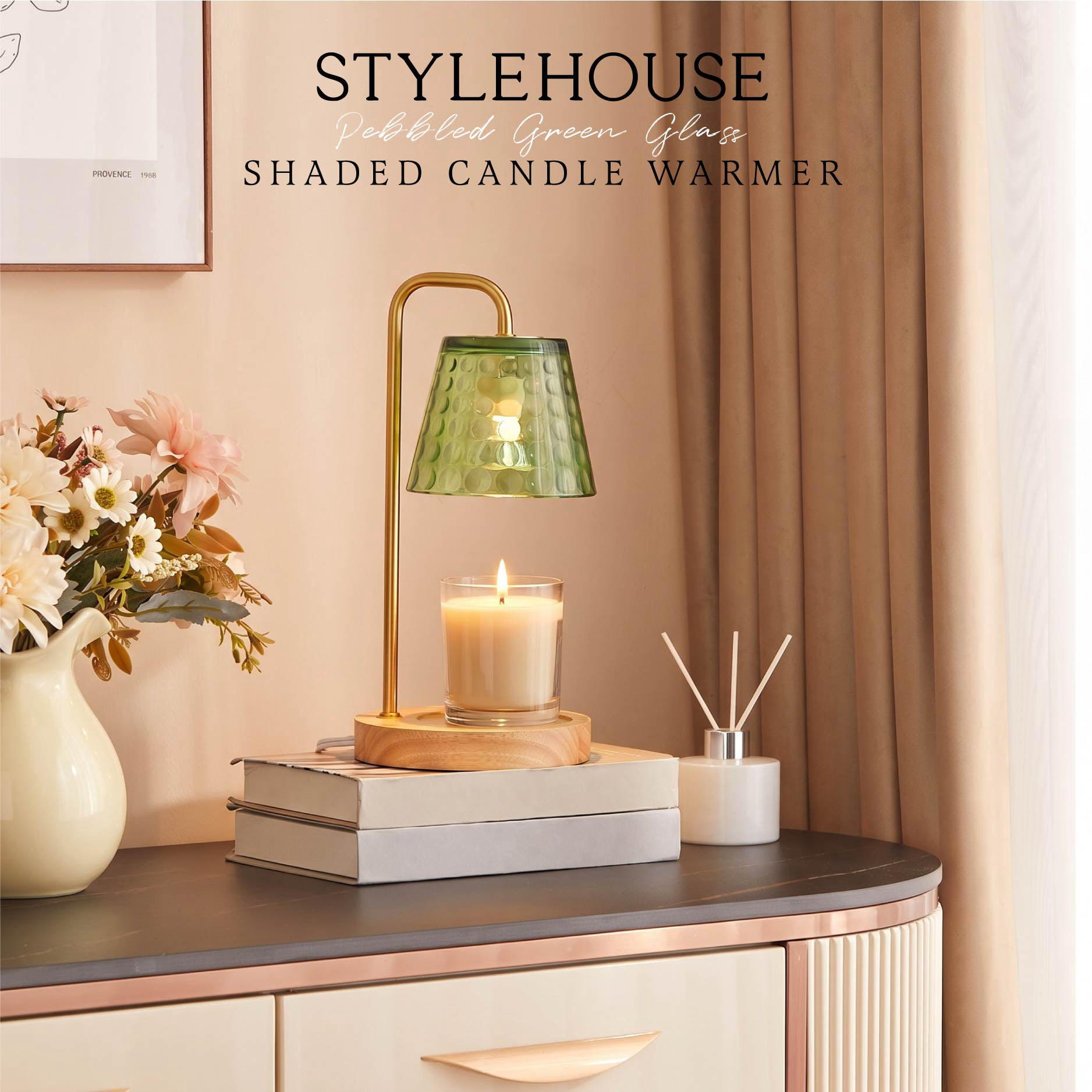 Stylehouse Home Decor Collection Dimpled Green Glass Shaded Candle Warmer Lamp with Dimmer and Timer