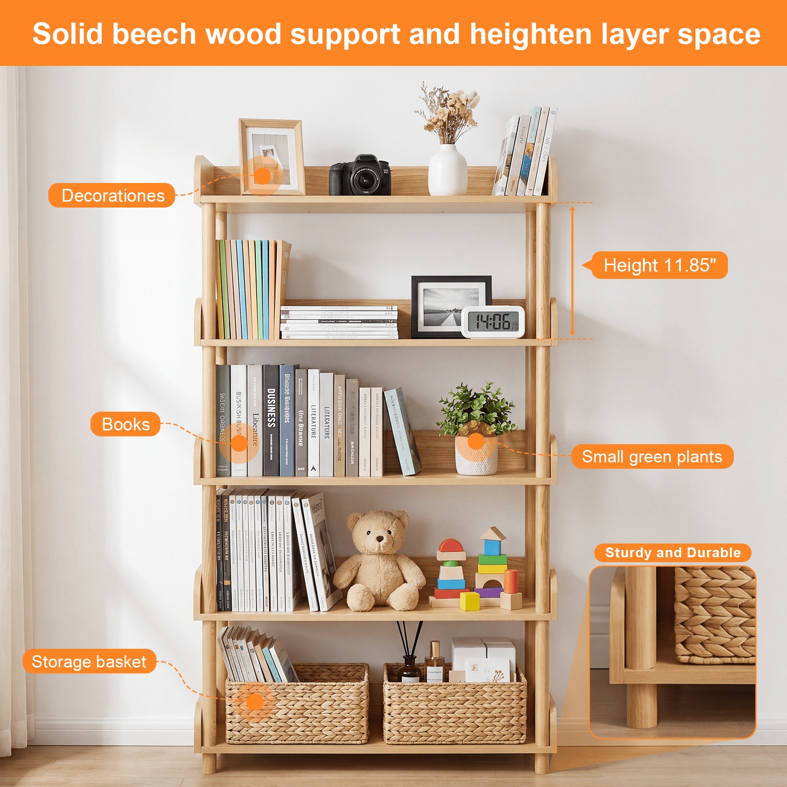 GARITIN 5 Tier Wood Bookshelf, Freestanding Display Shelf with Open Storage Shelves and Solid Wood Legs for Home Office Living Room, Wood