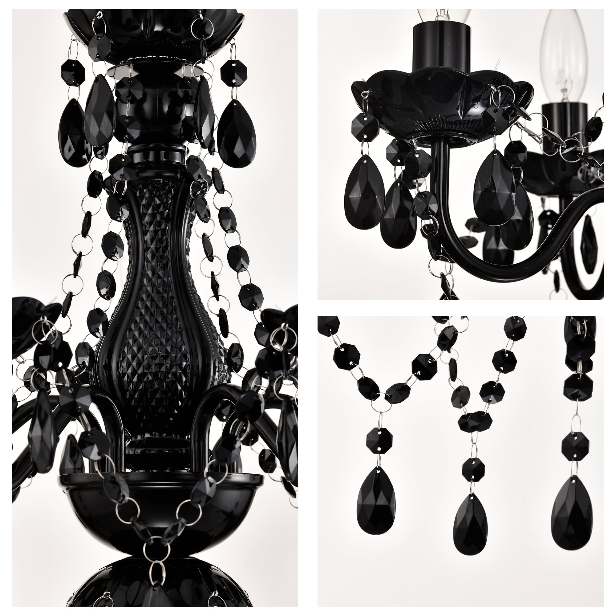 4-Light Elegant Black Finish Plug-in Crystal Chandelier for Bedroom Dining Room, Mini Adjustable Hanging Light