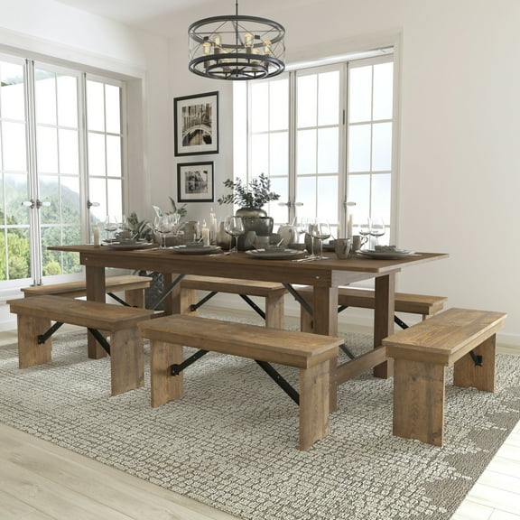 Flash Furniture HERCULES Series 8' x 40'' Antique Rustic Folding Farm Table and Six Bench Set